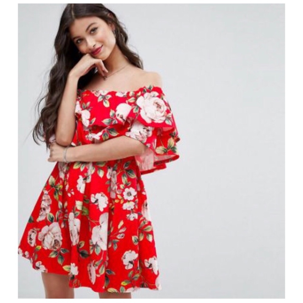 Red Rose Floral Off Shoulder Ruffle Mini Dress (4)